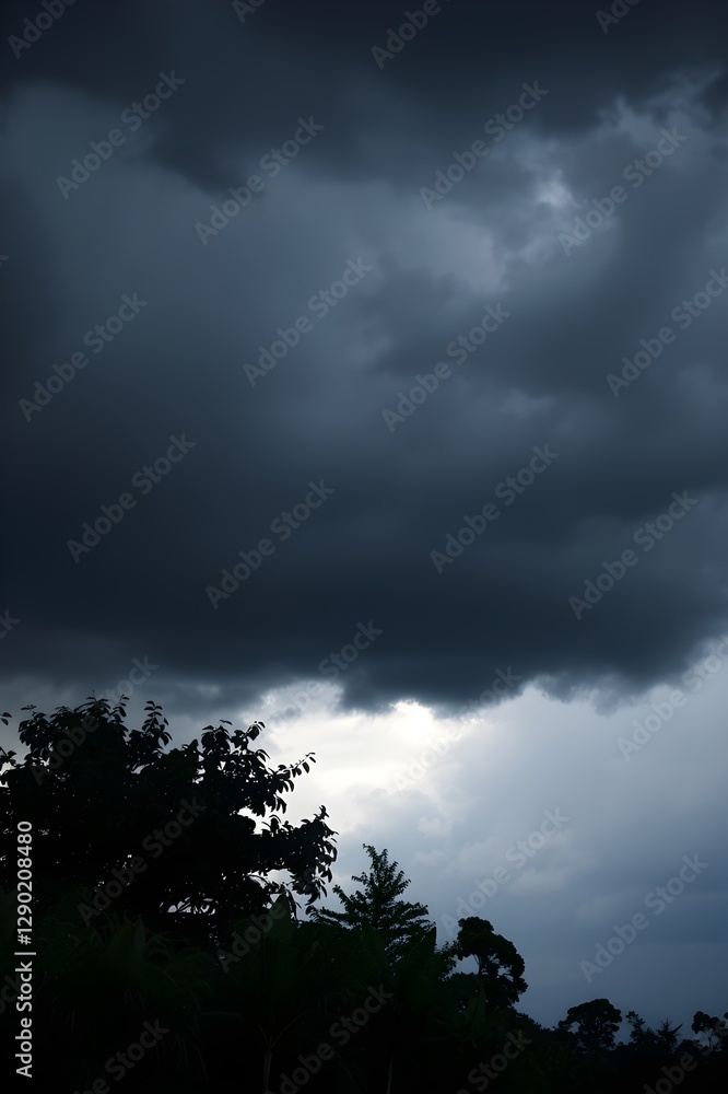 Dark clouds gather ominously in the sky, suggesting an impending storm. Silhouetted trees in the foreground add depth and contrast to the dramatic scene. Dark clouds gather ominously in the sky, suggesting an impending storm. Silhouetted trees in the foreground add depth and contrast to the dramatic scene.