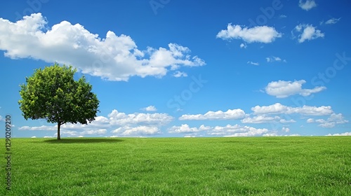 Vibrant Green Grass Field Under a Blue Sky with Fluffy Clouds