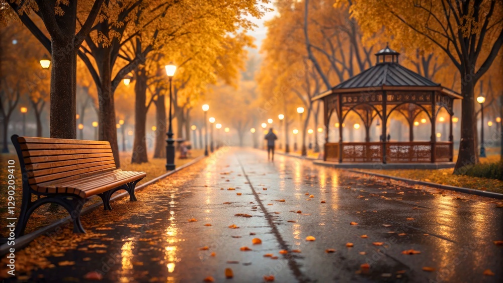 Autumn Park Pathway with Yellow Leaves and Gazebo at Dusk in Soft Lighting Autumn Park Pathway with Yellow Leaves and Gazebo at Dusk in Soft Lighting