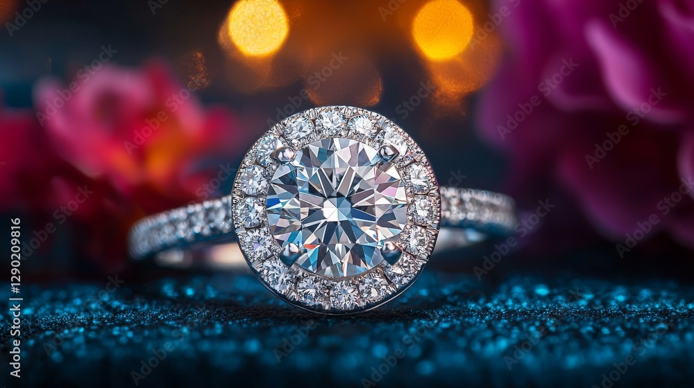 Fototapeta premium Sparkling diamond engagement ring with a halo setting