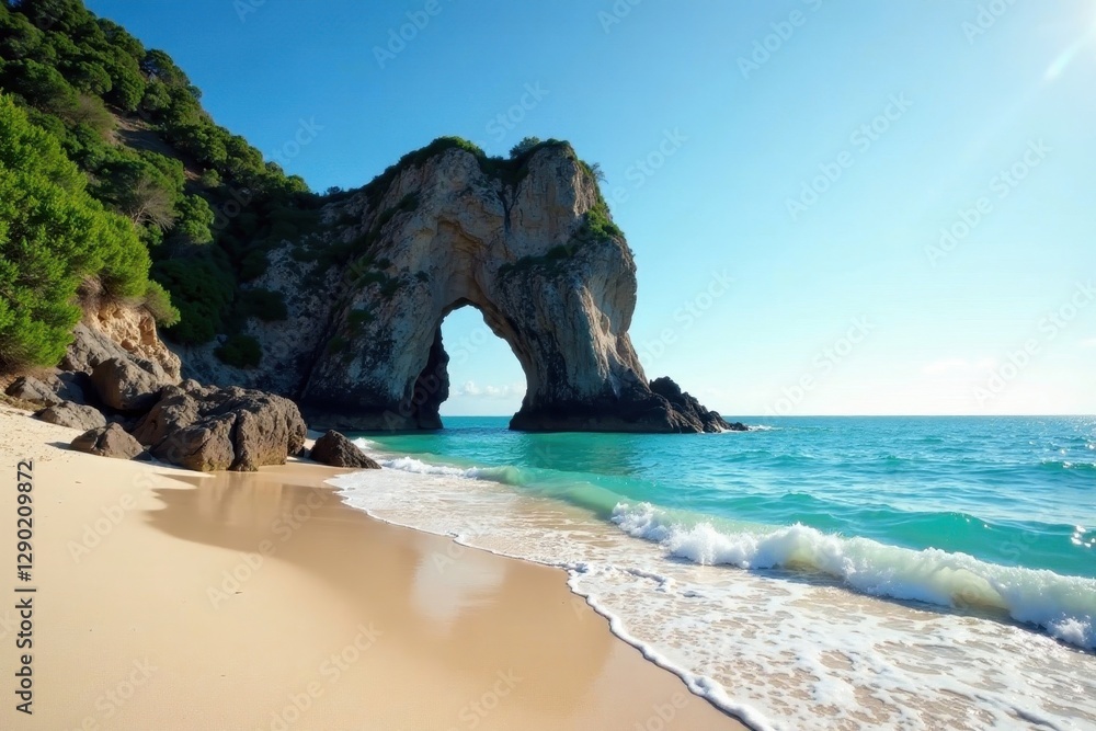 Fototapeta premium Serene beach, dramatic rock, clear sky, tranquil waves, sky, sand