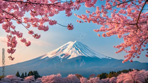 Majestic Mount Fuji Surrounded by Beautiful Cherry Blossoms in Springtime Serenity