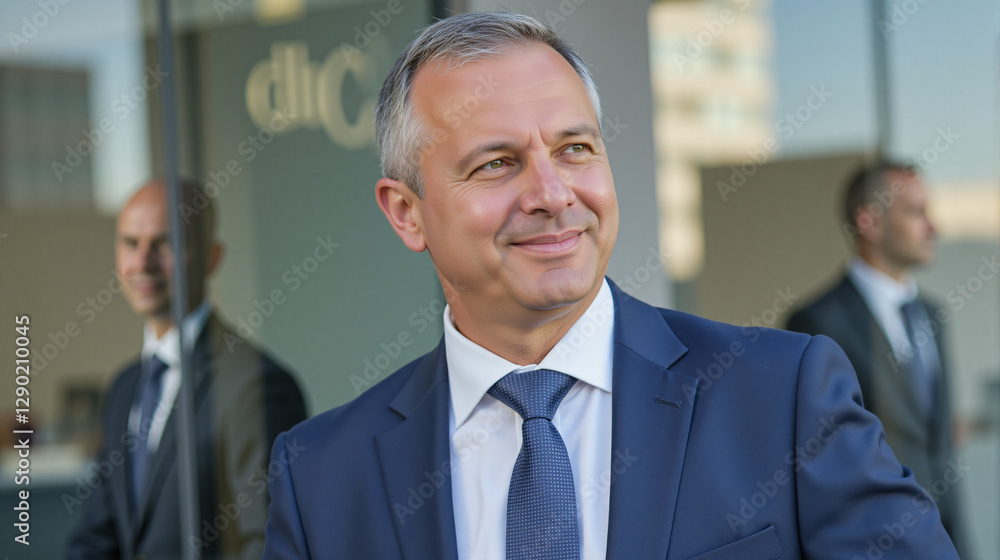 Obraz premium Middle-aged white man with short gray hair wearing navy suit and tie, smiling outdoors in front of modern building, exuding confidence and professionalism in a corporate setting.