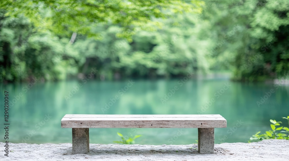 Fototapeta premium Serene lakeside bench, tranquil park, nature backdrop, peaceful relaxation