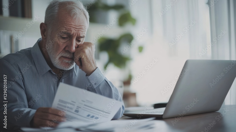 Retirement financial stress in a clean office space. Featuring concern and reflection Retirement financial stress in a clean office space. Featuring concern and reflection