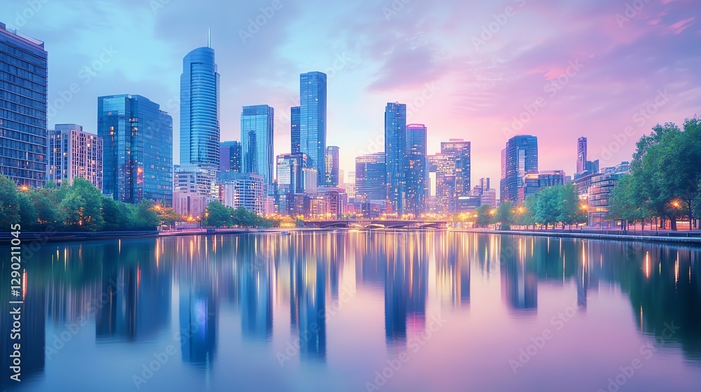 Naklejka premium Modern skyline reflected in tranquil waters.