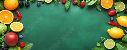 Wallpaper Mural A vibrant assortment of fresh fruits and vegetables arranged beautifully on a green background, perfect for healthy recipes. Torontodigital.ca