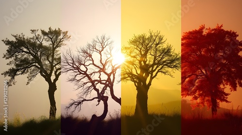 Four trees are depicted in a sequence, each showing different seasons and times of day through distinct lighting and foliage. The image is divided into four vertical sections photo