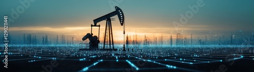 An oil pump jack silhouetted against a stunning sunset with a horizon filled with equipment.