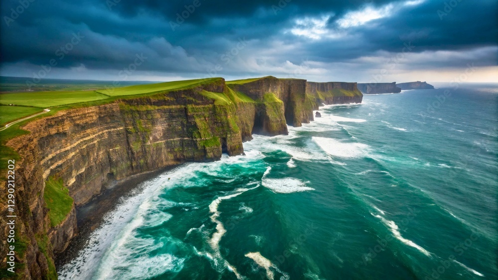 Obraz premium Majestic Cliffs Against Dramatic Sky Over Turquoise Ocean Waves at Coastline