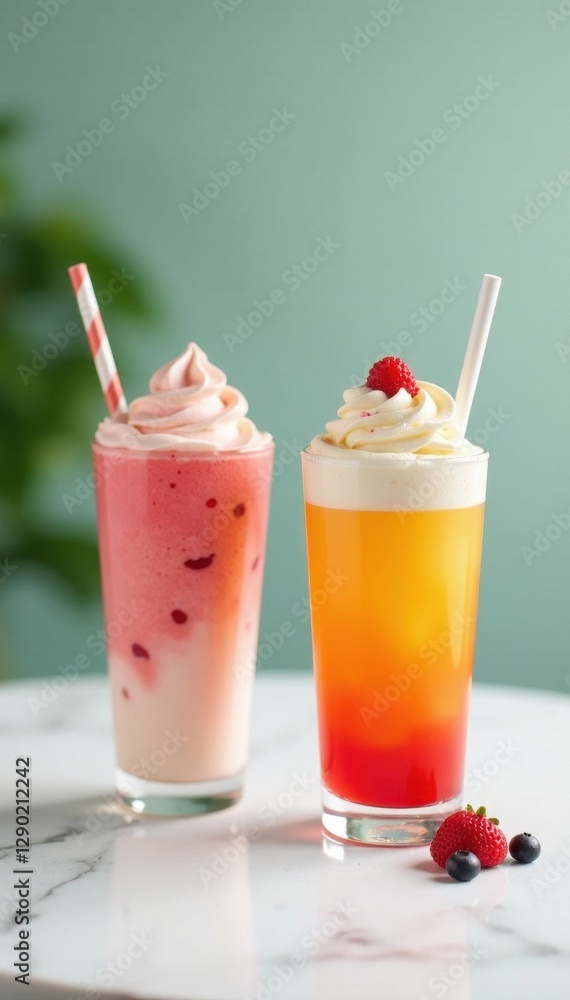 Two refreshing drinks on white table, ice cream and milkshake nearby, delicious, closeup, white Two refreshing drinks on white table, ice cream and milkshake nearby, delicious, closeup, white