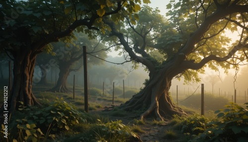 Majestic Ancient Trees in Misty Morning Sunlight A Serene Path Through Lush Green Foliage