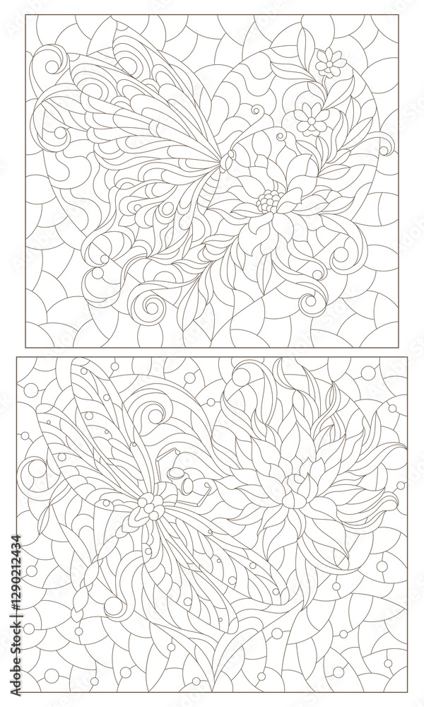 Obraz premium A set of contour illustrations in the style of stained glass with butterflies, dragonflies and flowers on hearts, dark outlines on a white background