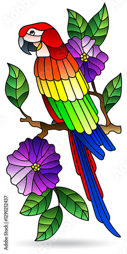 Stained glass illustration with bright parrot bird on the branches of flowering trees, animal isolated on a white background