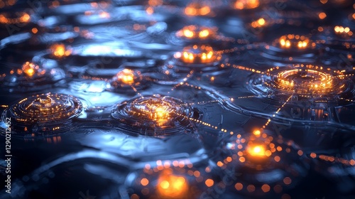 Abstract Network of Glowing Circles on Reflective Surface at Night