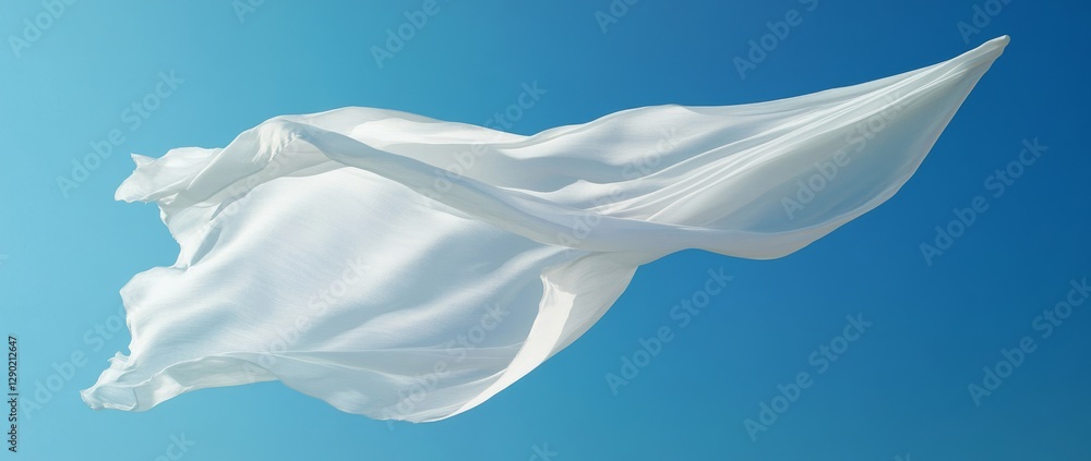 Obraz premium White flag fluttering in the wind against a clear blue sky highlighting soft folds and texture