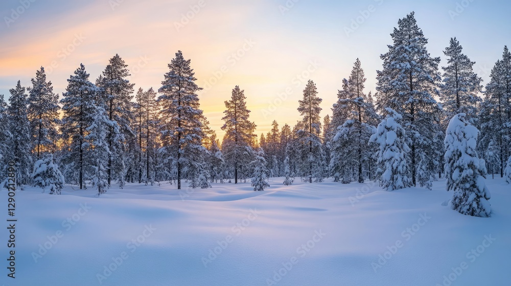 Snowy Lapland sunset with frozen trees, serene winter beauty in Saariselka.
Snowy Lapland sunset with frozen trees, serene winter beauty in Saariselka.