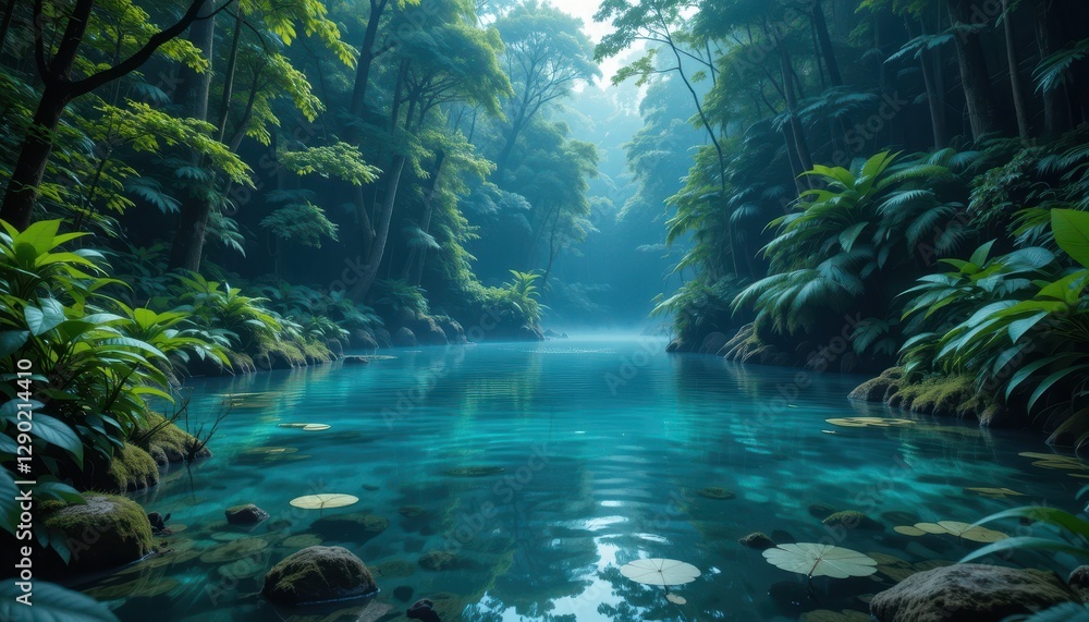Serene Tropical River Scene Lush Green Rainforest Tranquil Water Nature Escape Serene Tropical River Scene Lush Green Rainforest Tranquil Water Nature Escape