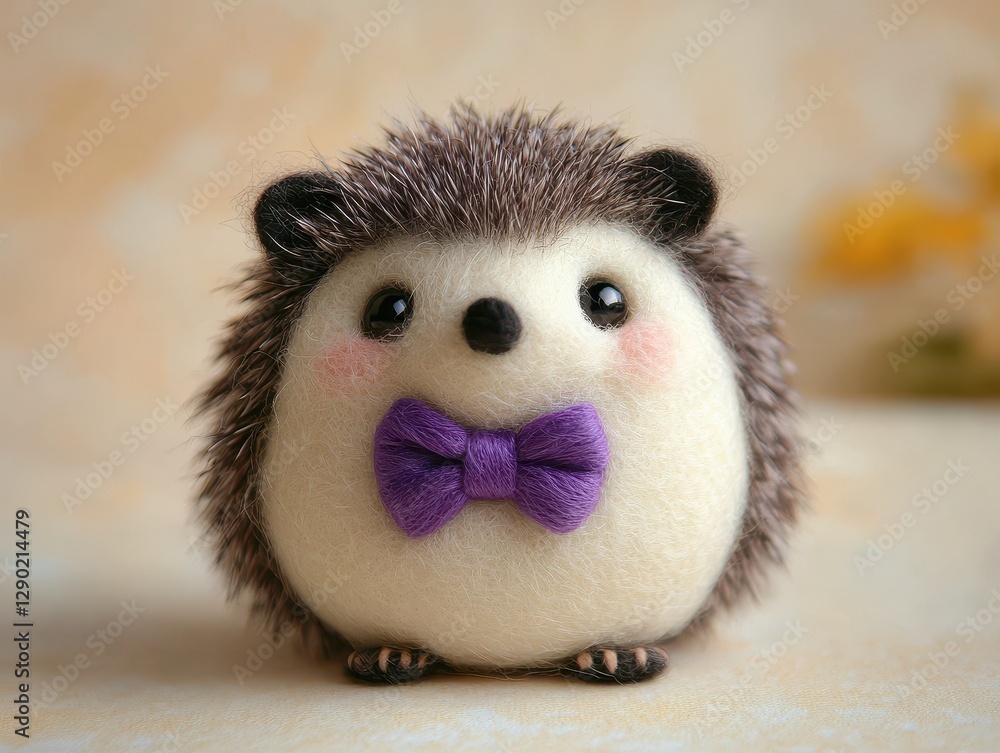 Fototapeta premium Adorable Needle Felted Hedgehog with Purple Bow Tie