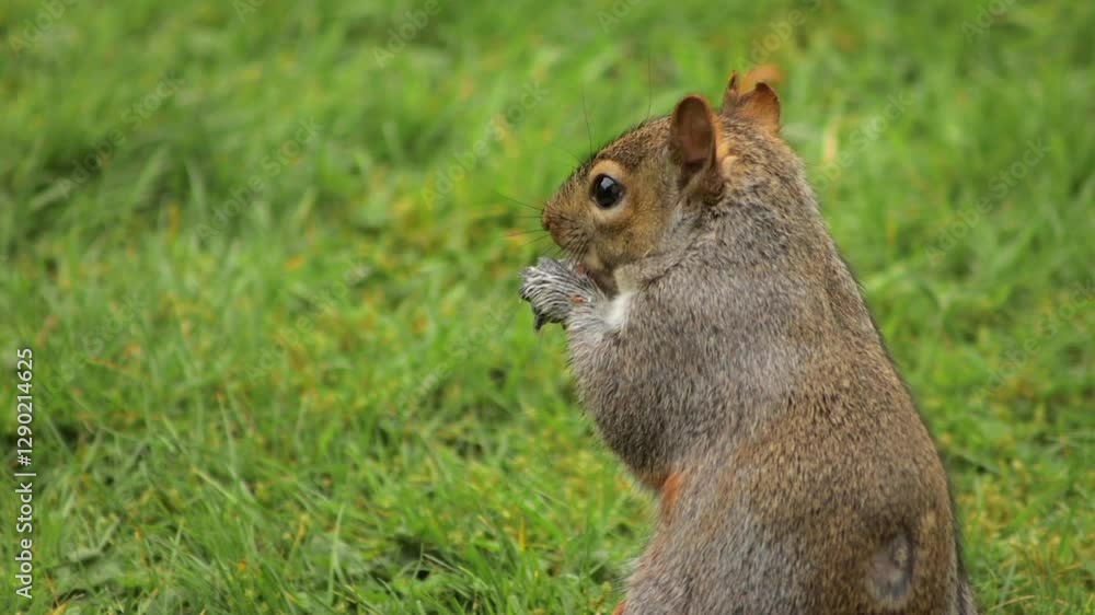 Grey Squirrel Eating A Peanut In Slow Motion Close Up Daytime Grass GardenBorehamwood Hertfordshire UK Grey Squirrel Eating A Peanut In Slow Motion Close Up Daytime Grass GardenBorehamwood Hertfordshire UK