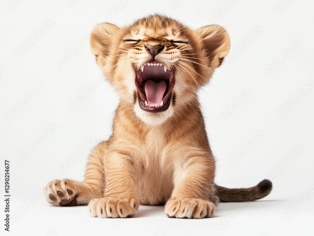 Obraz premium Adorable Yawning Lion Cub on White Background