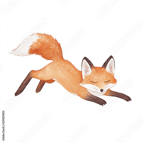 Minimalist Watercolor Art of a Stretching Red Fox in Isolated Design Perfect for Nature Lovers and Wildlife Enthusiasts Capturing the Grace and Beauty of This Iconic Animal