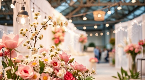 Colorful floral display at a wedding expo with bright lights and guests exploring booths