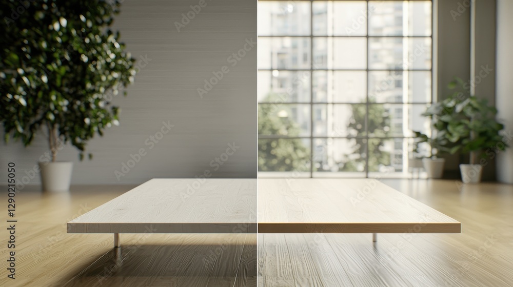 Fototapeta premium Minimalist interior with modern design, featuring a central low table and large windows.