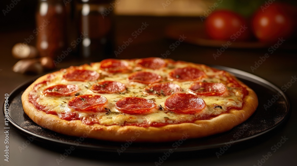 Delicious Pepperoni Pizza on a Dark Background A Tempting Treat for Pizza Lovers Delicious Pepperoni Pizza on a Dark Background A Tempting Treat for Pizza Lovers