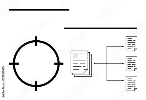 Organizational chart with documents connected by lines and a target symbol indicating focus. Ideal for business strategies, project planning, document management, workflow optimization, operational