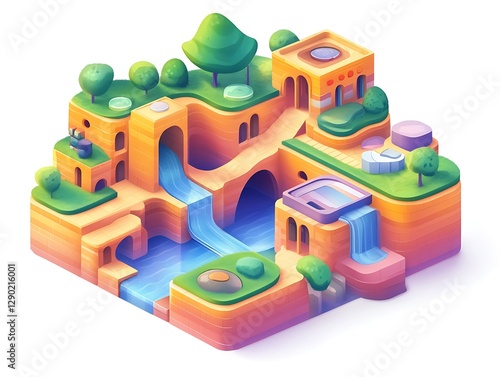 Colorful 3D Island Landscape with Waterfalls