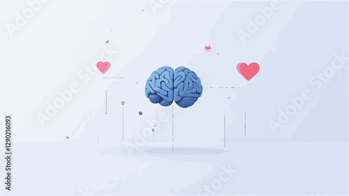 A digitally rendered 3D illustration depicting a realistic blue human brain positioned centrally against a clean white background.  Several stylized, flat, pink hearts are subtly dispersed