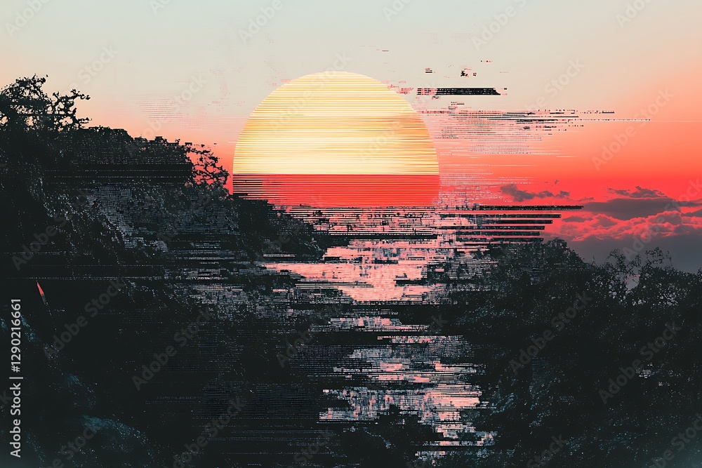 Obraz premium Glitch Sunset Landscape Art