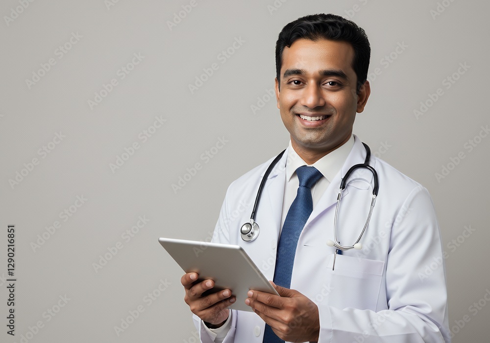 Smiling Doctor Using Tablet in White Coat with Stethoscope Smiling Doctor Using Tablet in White Coat with Stethoscope