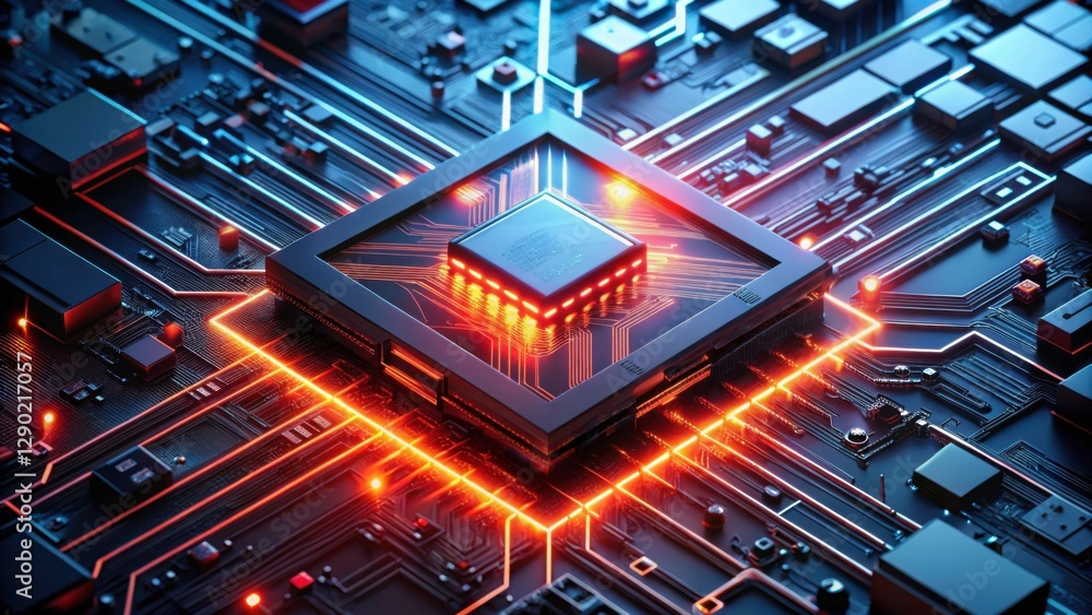 Futuristic Circuit Board with Vibrant LED Lights and Microchip Design Futuristic Circuit Board with Vibrant LED Lights and Microchip Design