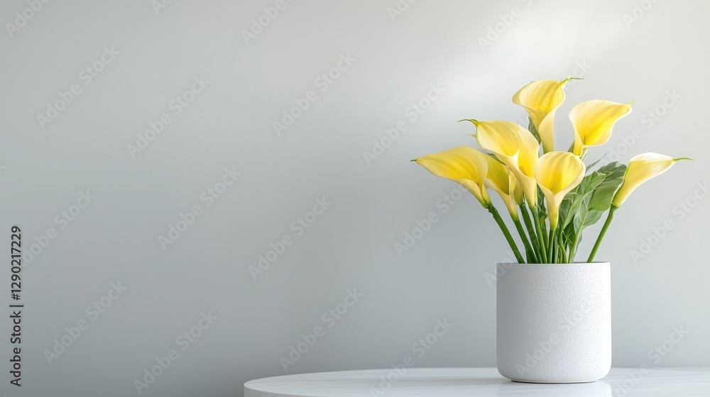 Yellow Calla Lilies in Vase, Minimalist Setting Yellow Calla Lilies in Vase, Minimalist Setting