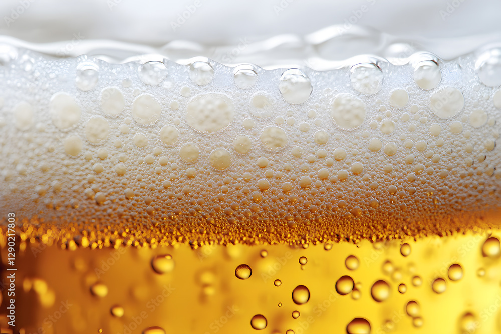 Close-up of a cold refreshing beer with froth and condensation on a hot day Close-up of a cold refreshing beer with froth and condensation on a hot day