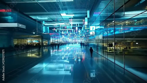 A futuristic airport terminal bustling with people and digital elements.