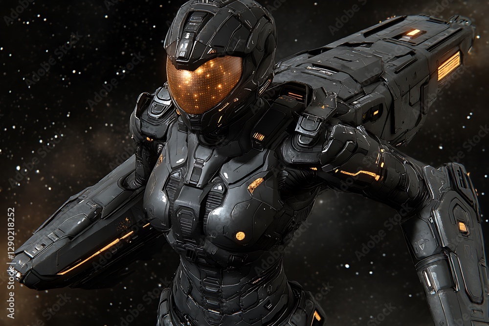 Fototapeta premium Futuristic armored figure in space, showcasing advanced technology and cosmic background