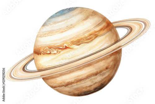 A colorful planet featuring prominent rings and swirling cloud patterns, showcasing its massive and majestic presence in space.