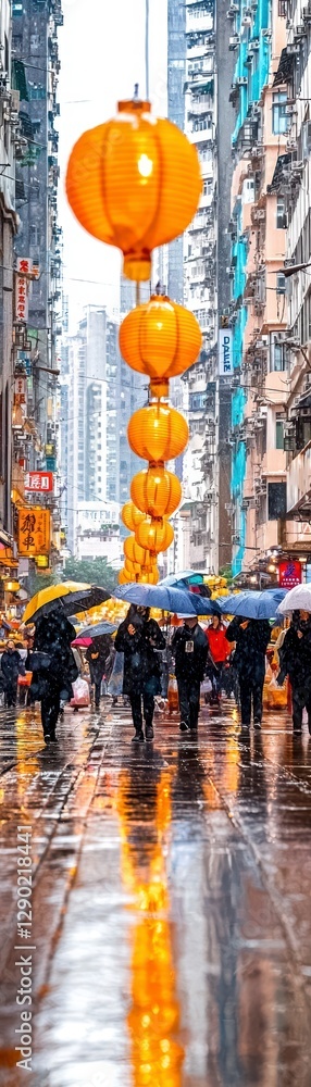 Fototapeta premium Rainy Day in Hong Kong with Lanterns