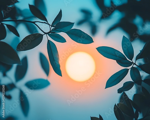 Sun through leaves, tranquil dawn, nature's embrace photo