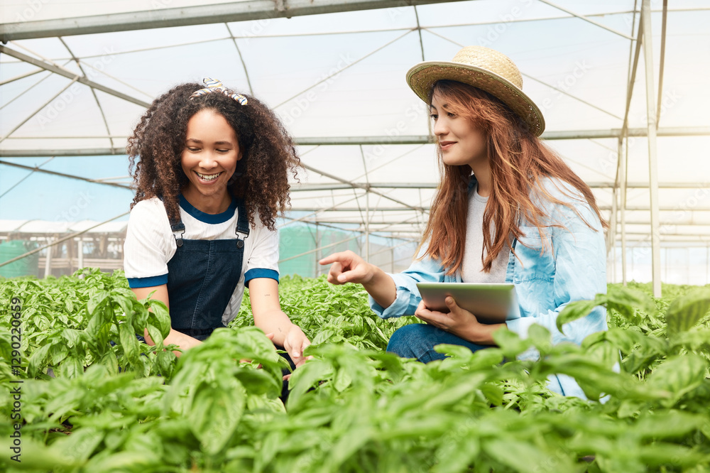 People, team and tablet for farm trade, agriculture production and online for inspection checklist. Collaboration, professional gardening and website for crop management, quality control and report