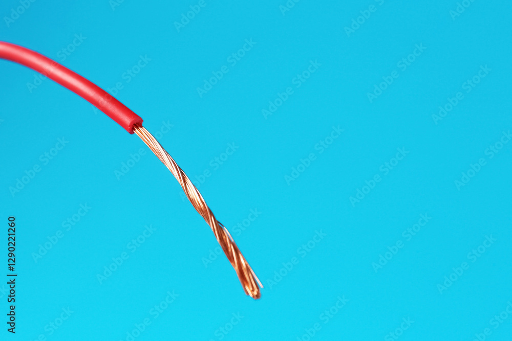 Fotografie Stripped electrical wire with copper strands on light blue background, closeup