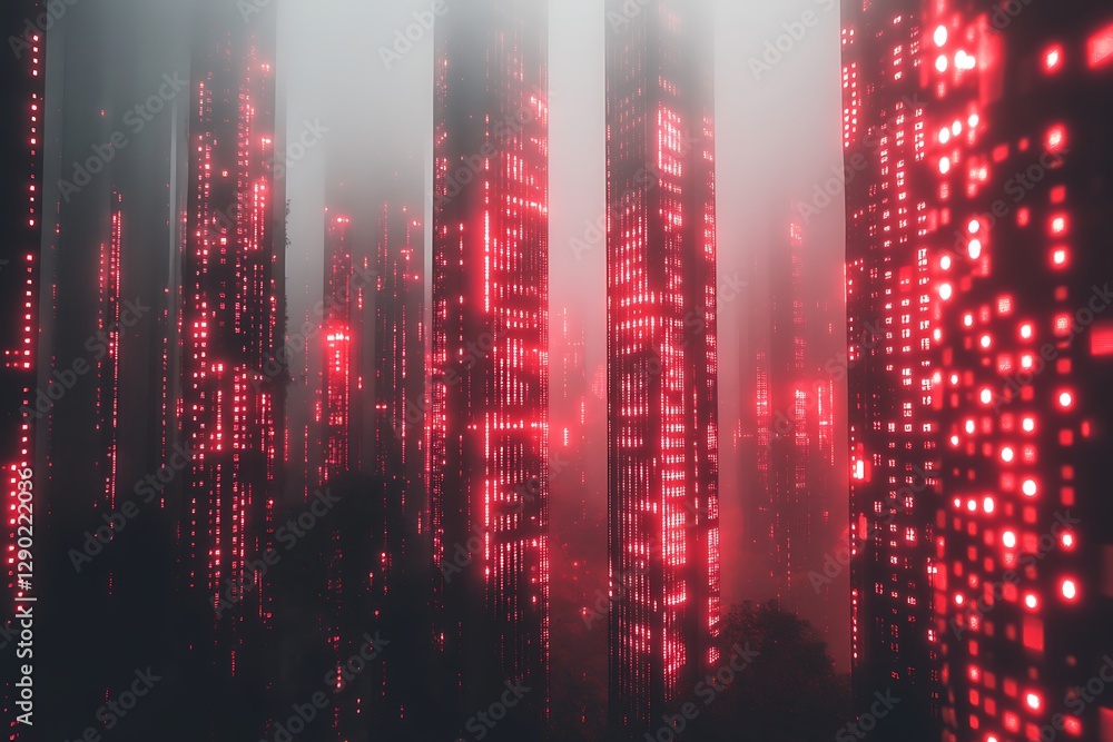 custom made wallpaper toronto digitalFuturistic cityscape with towering skyscrapers illuminated in red, shrouded in mist, creating a mysterious atmosphere