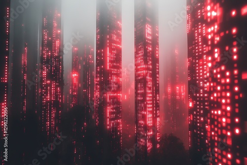 Wallpaper Mural Futuristic cityscape with towering skyscrapers illuminated in red, shrouded in mist, creating a mysterious atmosphere Torontodigital.ca