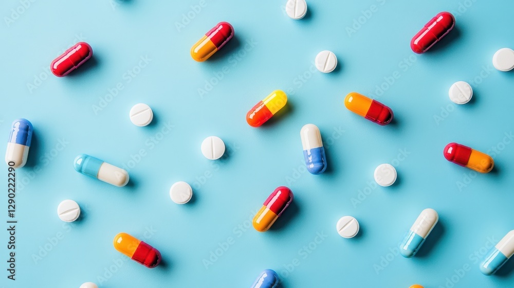 Colorful pills and tablets scattered on a blue background. Illustrates medication, healthcare, or pharmaceutical concepts. Colorful pills and tablets scattered on a blue background. Illustrates medication, healthcare, or pharmaceutical concepts.