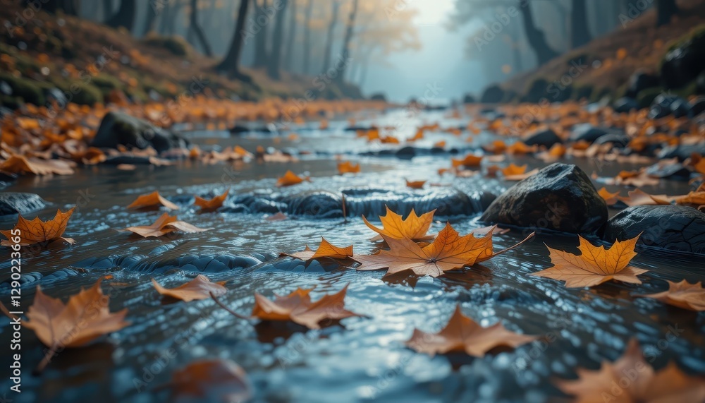 Serene Autumn Stream Golden Maple Leaves Floating on Calm Water in a Forest