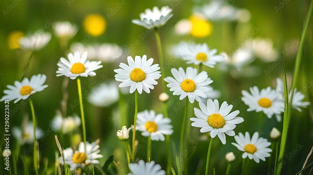 A cluster of daisies growing in a meadow with a light breeze blowing A cluster of daisies growing in a meadow with a light breeze blowing