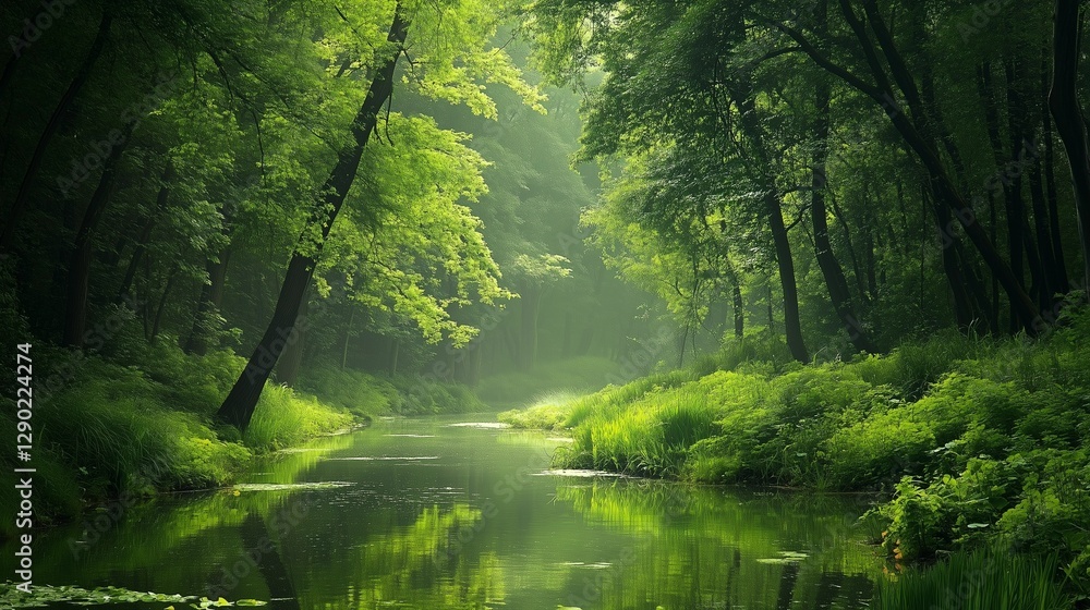 Obraz premium A serene river reflecting the surrounding trees
